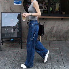 LIZAKOSHT  -  Summer New Women's Big Pocket Embroidered Jeans Harajuku Retro Fashion Casual Trend Street Hip-Hop Simple Loose Women's Bottoms