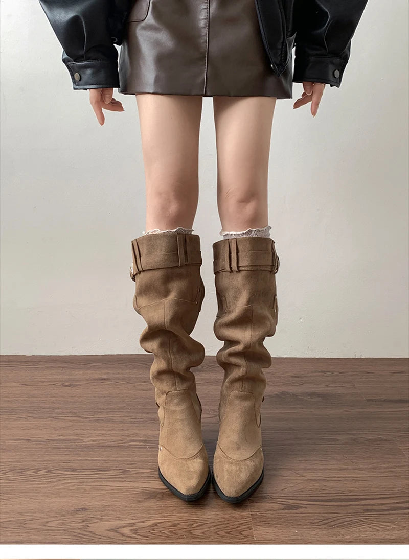 LIZAKOSHT  -  Vintage Rivet Hottie Women Knee-High Boots Fashion Belt Buckle Female Pleated Knight Long Booties Shoes
