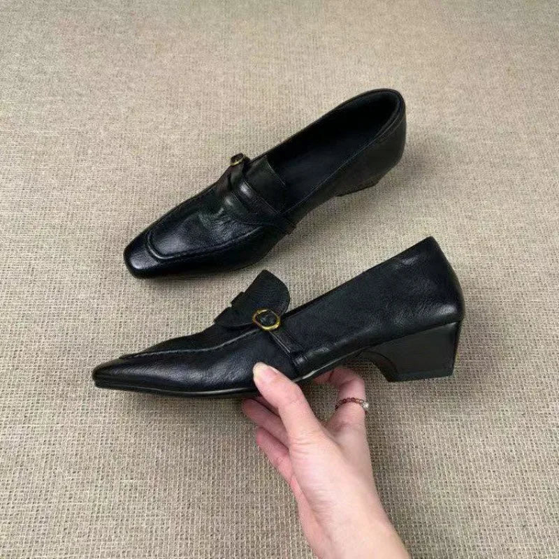 LIZAKOSHT  -  Vintage Square Toe Block Heel Loafers for Women Leather Buckle Pumps Retro Commuter Slip On Dress Shoes Office Ladies Footwear