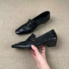 LIZAKOSHT  -  Vintage Square Toe Block Heel Loafers for Women Leather Buckle Pumps Retro Commuter Slip On Dress Shoes Office Ladies Footwear