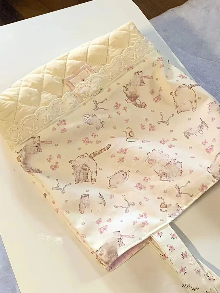 LIZAKOSHT  -  Korean Sweet Flower Cat Bow Print Handbag Tote Bags Large Capacity Women Commute Shoulder Bag