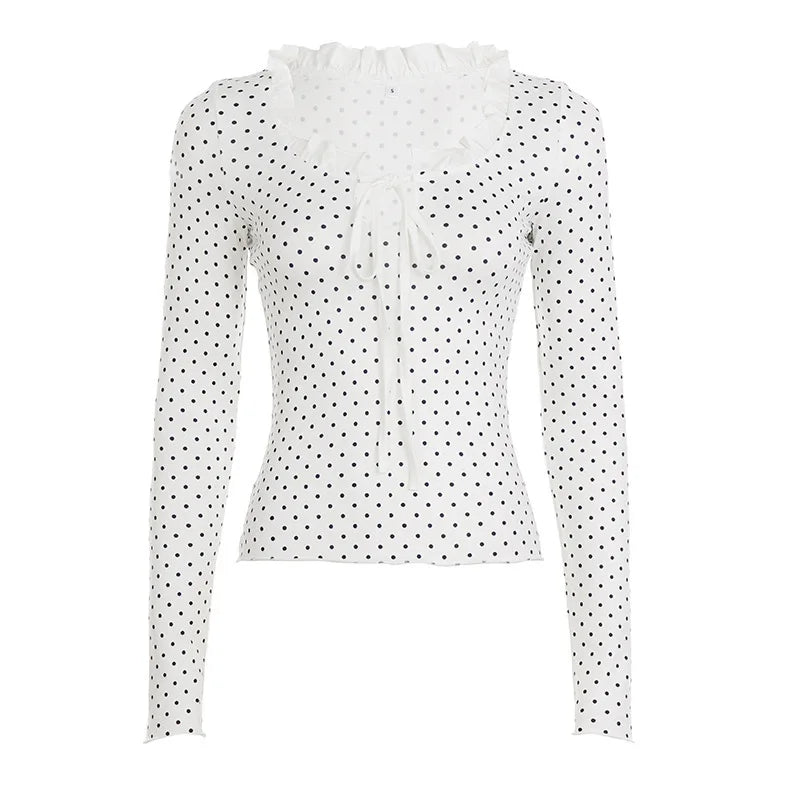 LIZAKOSHT  -  Women Y2K Lace Patchwork Polka Dot Long Sleeve Tee Hollow Out Tie Front Ruffled Slim Top Casual Streetwear Fashion Tee