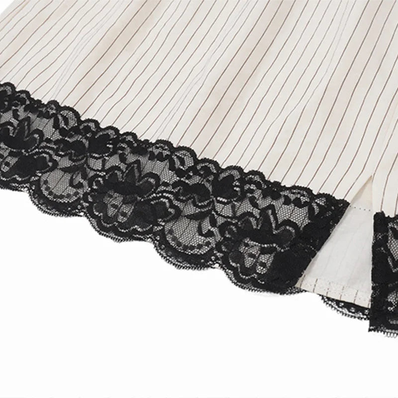 LIZAKOSHT  -  Lace Patchwork Contrast Sexy 2-Piece Club Outfits Female Stripe Print Full Sleeve Lacing Crop Cardigan+Mini Wrap Slit Skirt