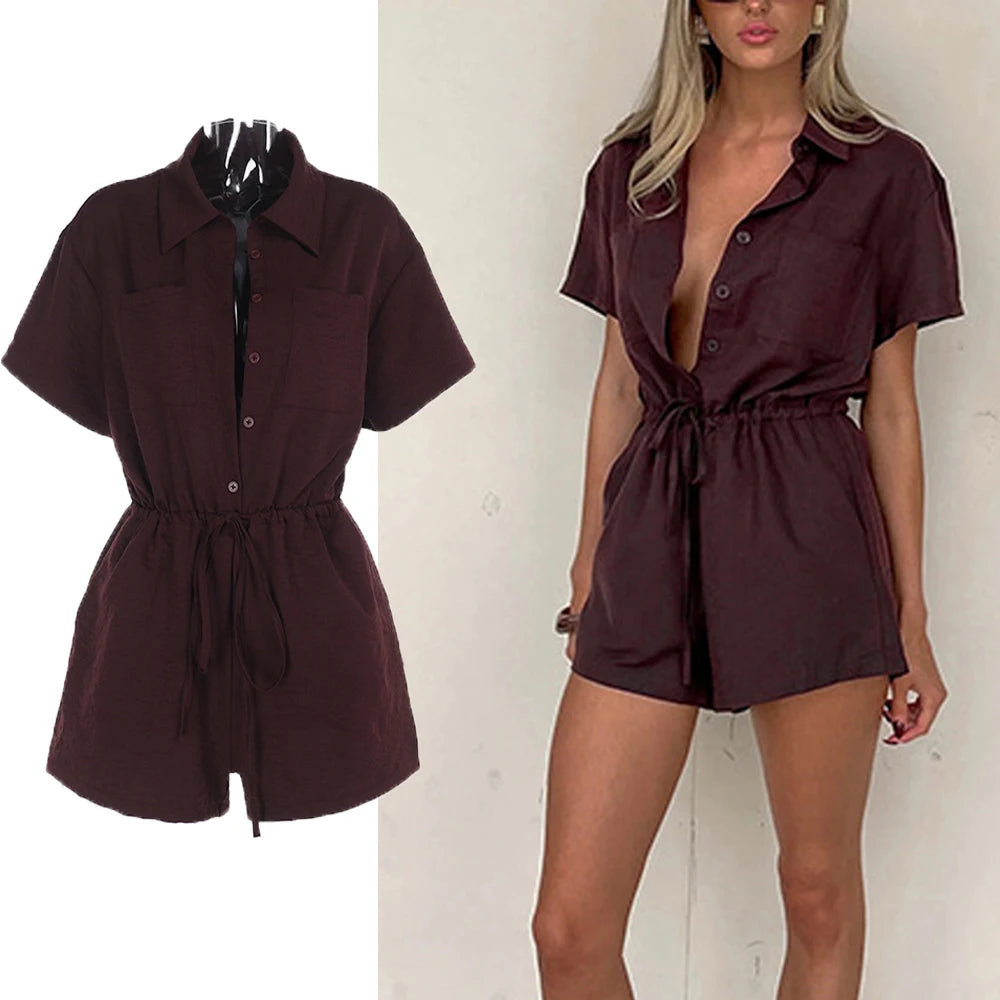 LIZAKOSHT  -  Shirt-Collar Romper Solid Tie-Waist Shorts Jumpsuit with Pockets Casual Sleeveless One Piece Outfit Office Romper