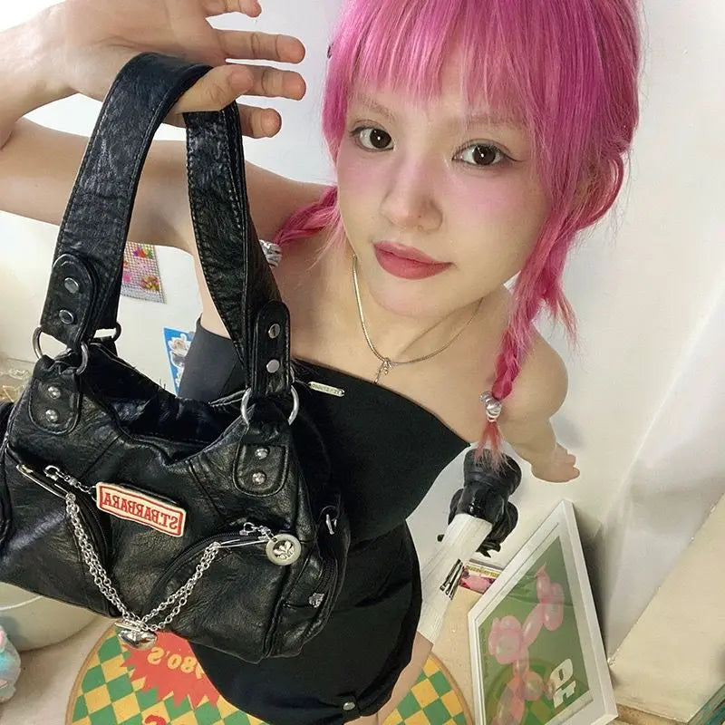 LIZAKOSHT  -  Hot Girls Black Shoulder Bag Women Vintage Grunge Leather Casual Tote Bag Ladies Retro Moto Biker Y2k Handbag Aesthetic
