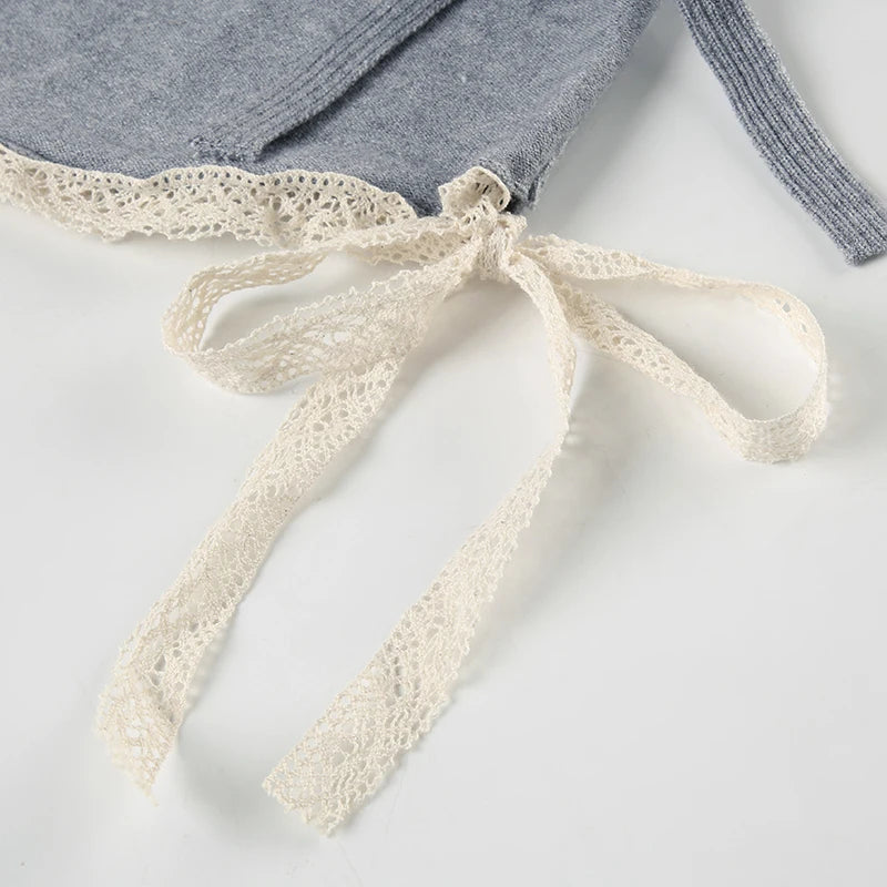 LIZAKOSHT  -  Sweetown Simple Casual Solid Lace Trim Bow Women’s Mini Short Knitted Fashion All-Match Sweet Cute Short