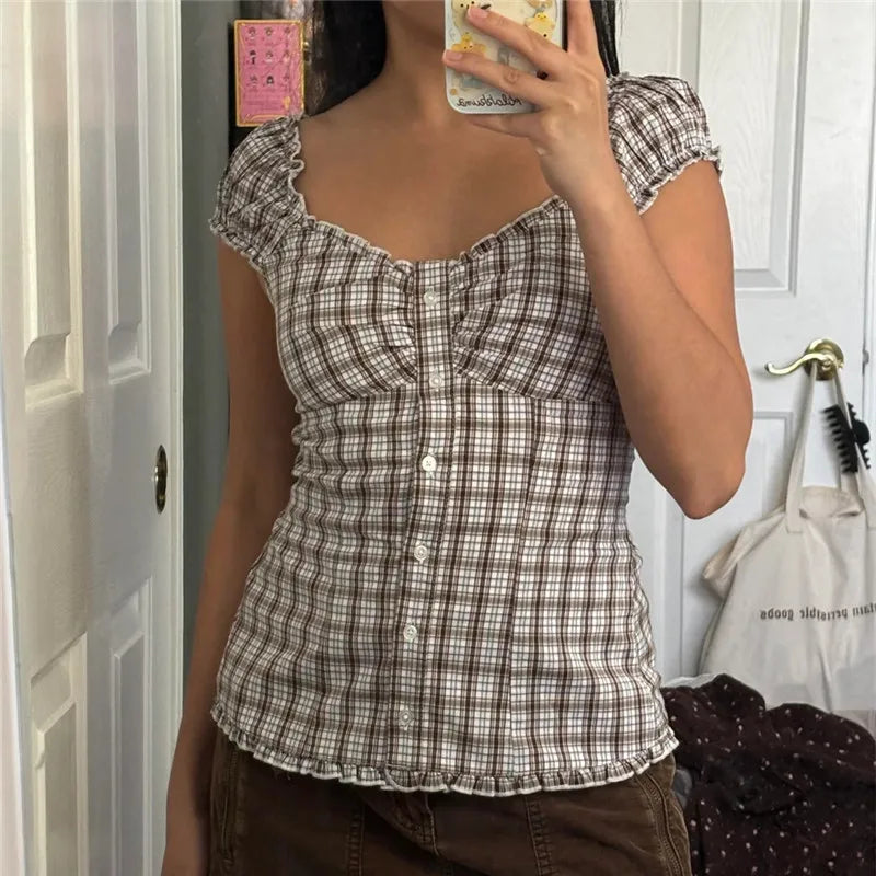LIZAKOSHT  -  Women Y2k Fairy Coquette Shirt Cute Puff Short Sleeve Button Down Frill Trim Smocked Tops Aesthetic Grunge Streetwear