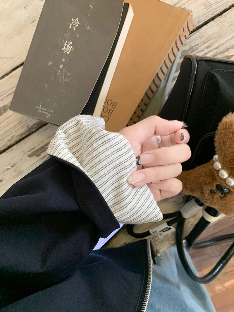 LIZAKOSHT  -  Reversible Jacket Women Spring Fall Simple Vintage Striped Baseball Zipper Chic Golf Outwear Harajuku Classic Commute Tops