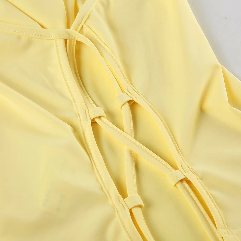 LIZAKOSHT  -  Yellow Layered Ruffles Skirt Set Women's Sexy Slim Fit Floral Edge Backless Halter Top Set 2025 Summer Vacation Street Outfit
