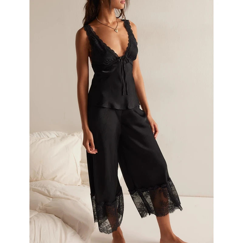 LIZAKOSHT  -  Womens 2Pieces Lace Patchwork Satin Outfits Set Y2k Going Out Sleeveless Tied Open Back Camis+ Long Pants Loungewear