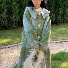 LIZAKOSHT  -  Woolen Coat Loose Fit Plaid Green Button Design Doll Collar Big Size Long New Long Sleeve Women Fashion Tide Autumn Winter