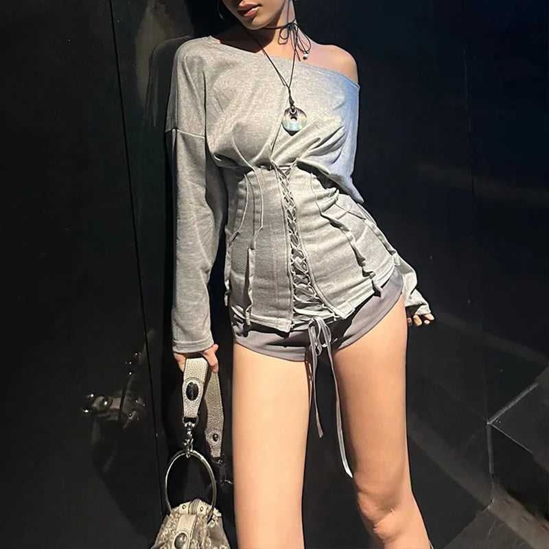 LIZAKOSHT  -  Irregular Diagonal Collar Long Sleeve Skinny Criss-cross Lace Up Fashion Solid Color Long Sleeve Tops Women Sexy Streetwear