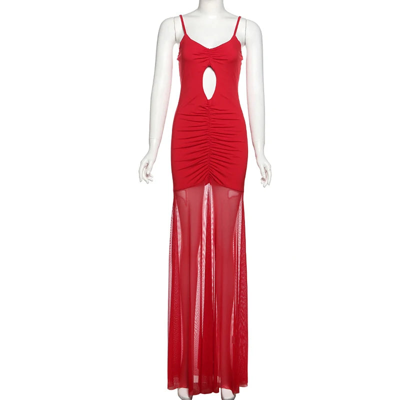 LIZAKOSHT  -  2025 Sexy Summer Elegant Long Dresses For Women Backlesss Front Hollow Out Sling Red Pleated Bodycon Vestidos Vacation Wear