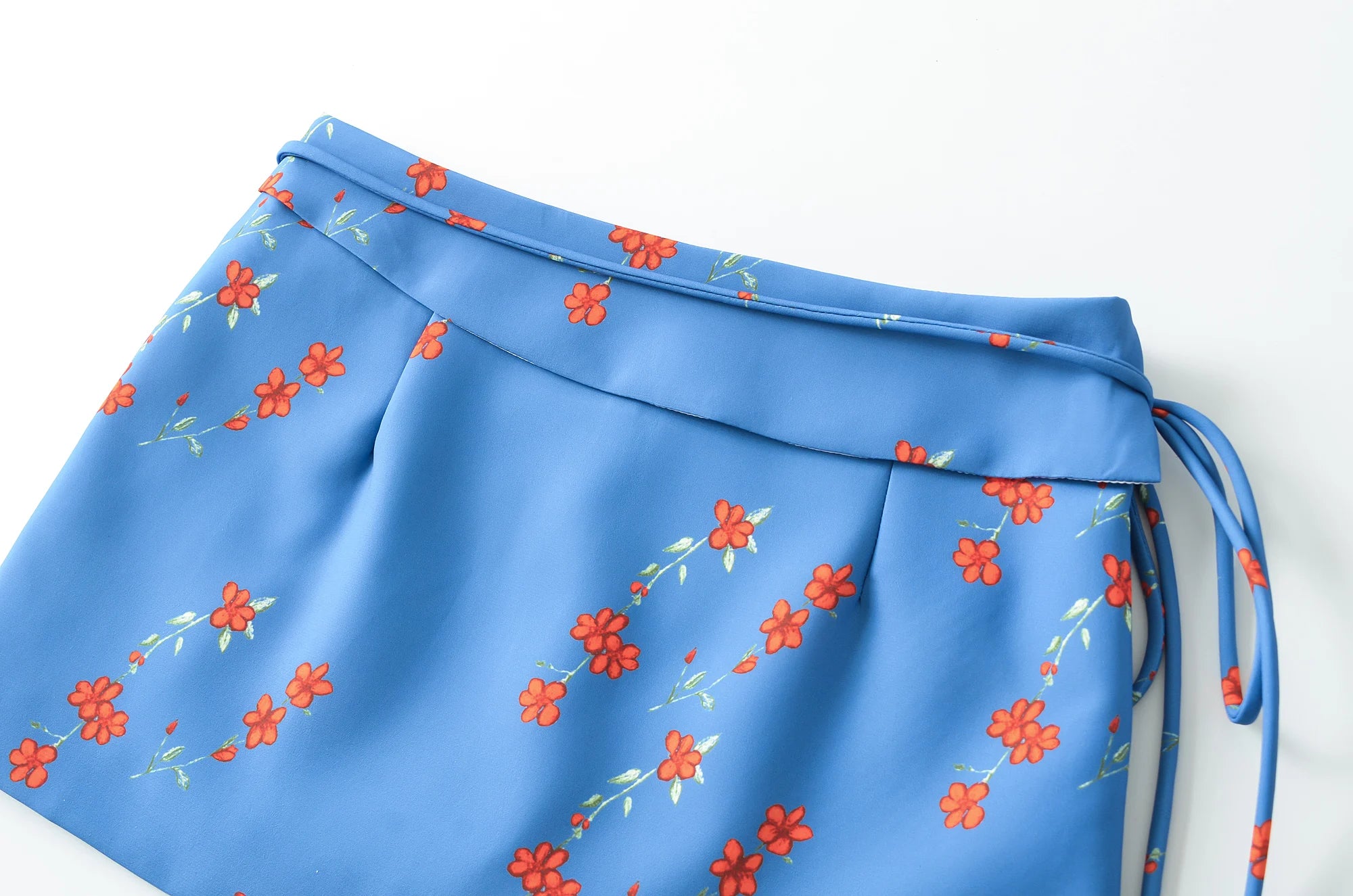LIZAKOSHT  -  Summer Girl Bandage Lacing Up Sashes Ruched Waist Blue Floral Print Mini Skirts Fashion Women Zip up Waist A-lined Short Skirts