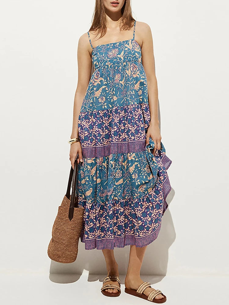 LIZAKOSHT  -  Vintage Backless Spaghetti Strap Dress Fashion Hight Waist Loose Party Dress Sexy Sleeveless Floral Printed Women's Long Dresses