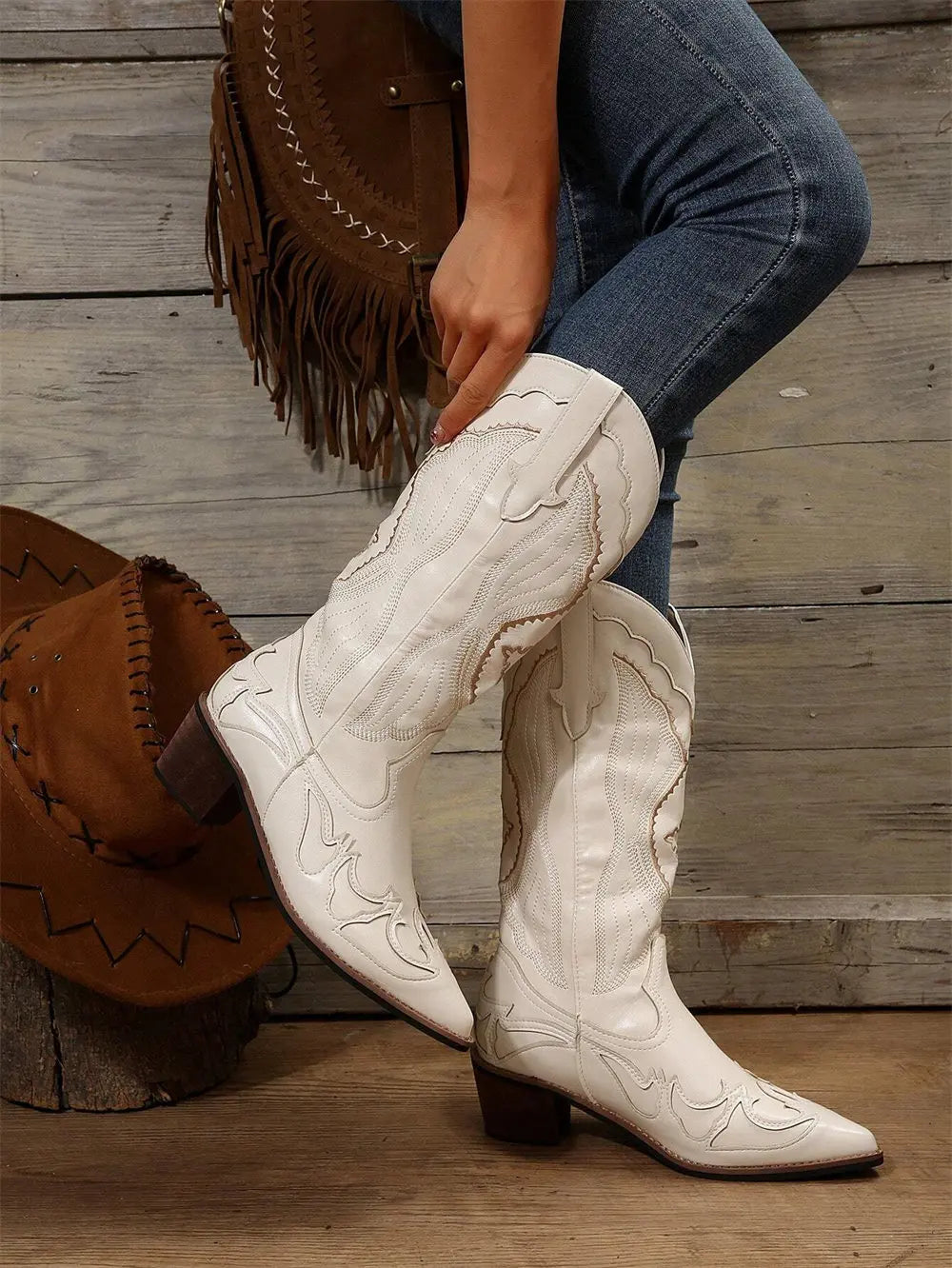 LIZAKOSHT  -  Retro Western Boots Vintage Cream Cowboy Boots Women Shoes Embroidered Pull On Chunky Heels Mid Calf Black Cowgirls Boots