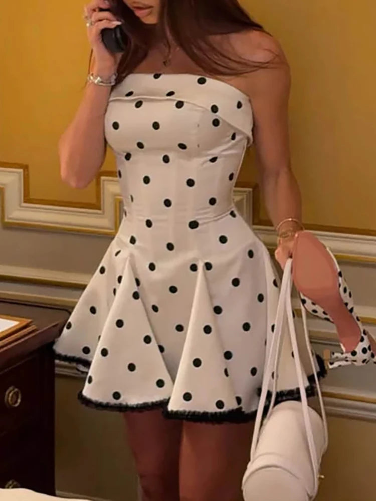 LIZAKOSHT  -  Vintage Polka Dot Print Party A-line Dress Women's Elegant Strapless Hight Waist Slim Party Dress Sleeveless Draped Short Dress