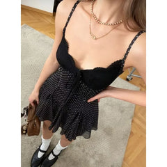 LIZAKOSHT  -  French Retro Sexy Hottie Black Polka Dot Lace Edge Suspender Dress Women's Waist and Thin Super Fairy A-shaped Dress