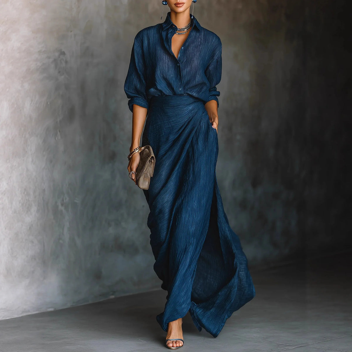 LIZAKOSHT  -  Autumn Long Sleeve Cardigan Top +Maxi Skirts 2 Pieces Sets Europe Americ Solid Elegant Simple Suit Fashion Woman Outfits