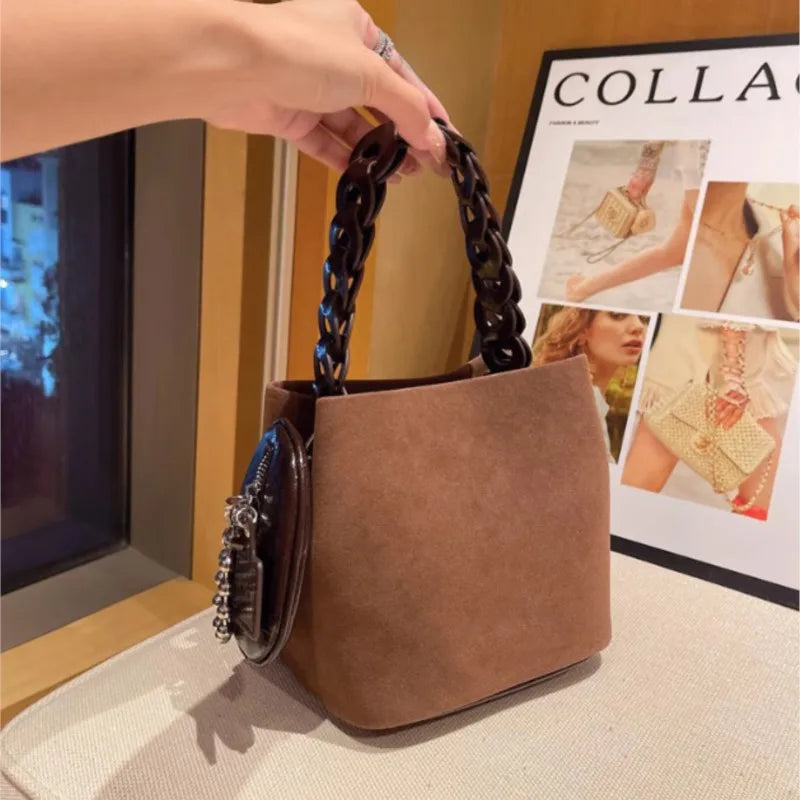 LIZAKOSHT  -  Retro Matte Bucket Handbag Women Suede Woven Handle Shoulder Bag Ladies Harajuku Everyday Casual Versatile Crossbody Bag