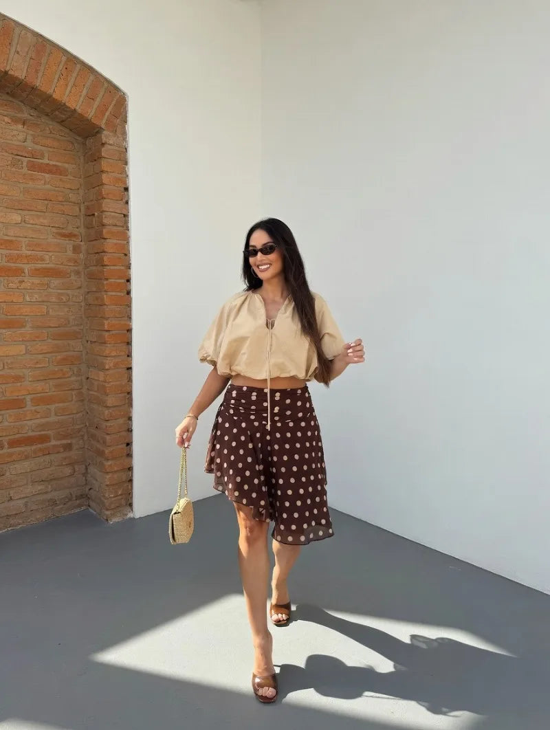 LIZAKOSHT  -  Vintage Dot Print Mini Skirt For Women Summer High Waist Folds Asymmetry Skirts Street Fashion Party Club Casual Skirt New
