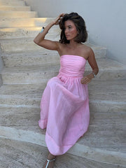 LIZAKOSHT  -  Elegant Pink Strapless Women Cotton Linen Maxi Dress Fashion Backless Sleeveless Pleated Dresses 2024 Sunner Lady Street Robes