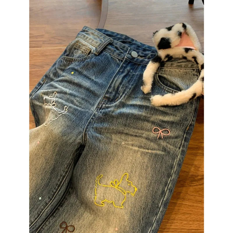 LIZAKOSHT  -  High Street Vintage Baggy Denim Pants Y2k Embroidered Straight Jeans Wide Leg Trousers Casual High Waist Button Pants For Women