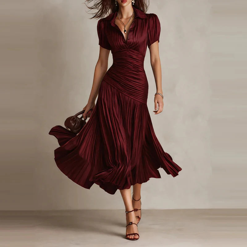 LIZAKOSHT  -  Temperament Lapel Short Sleeve Commute Dress Elegant Lady High Waist Pleated Dress Summer New Solid Color Simple Party Dresses
