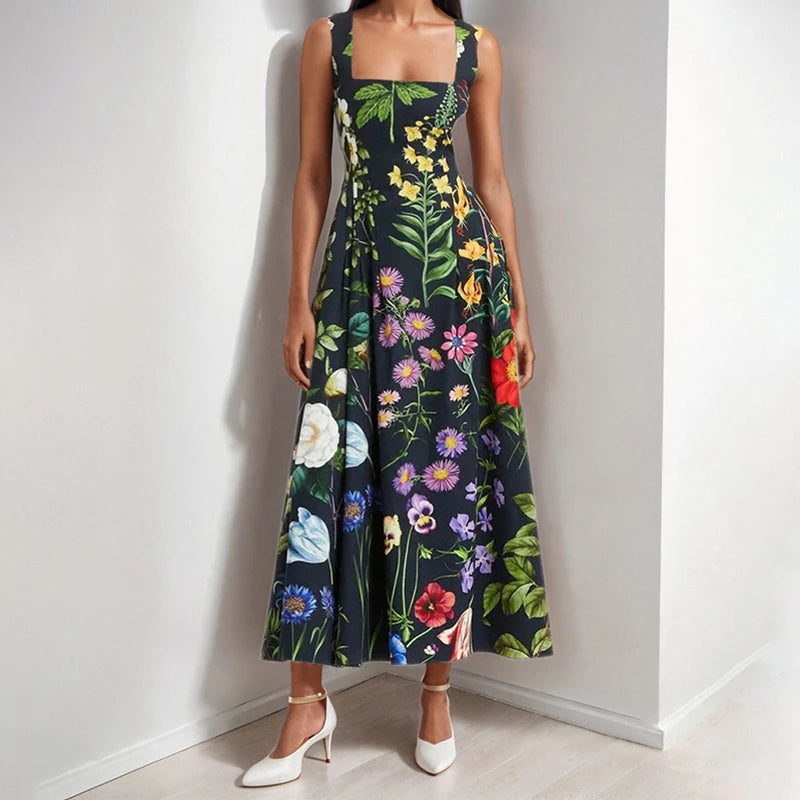 LIZAKOSHT  -  Women Elegant Flower Print Holiday Dress Fashion Hight Waist Sleeveless Bohemian Dress 2025 Sexy Off Shoulder A-Line Long Dress