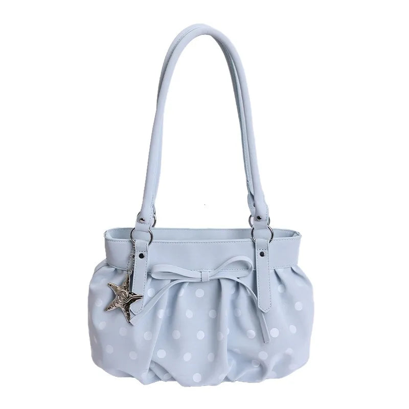 LIZAKOSHT  -  Polka Dot Ruched Shoulder Bag With Star Pendant Women Bow Decor Large Capacity Hobo Bag Retro Versatile Handbag For Daily Commut