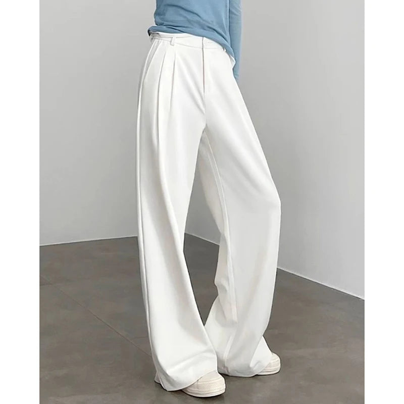 LIZAKOSHT  -  Korean White Wide Leg Pants Women Elegant Classic High Waist Casual Trousers Straight Cut Office Lady Commuter Suit Pants