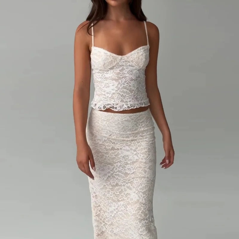 LIZAKOSHT  -  Sexy Lace V-neck Spaghetti Strap Tops and Bodycon Trumpet Long Skirt Y2K Summer Fashion Daily Outdoor Women 2 Piece Set