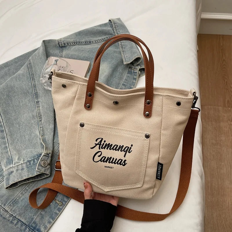 Fashion Canvas Shoulder Bag Women Winter Large Capacity Crossbody Bag for Work Commute Comfortable Versatile Texture Bucket Bag