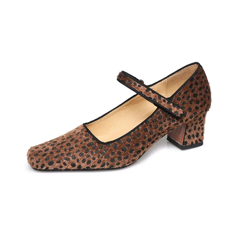 LIZAKOSHT  -  Fashion Pumps High Quality Square Head Shallow Mouth Thick Heel Leopard Pattern High Heels Mary Janes Women Heels Shoes
