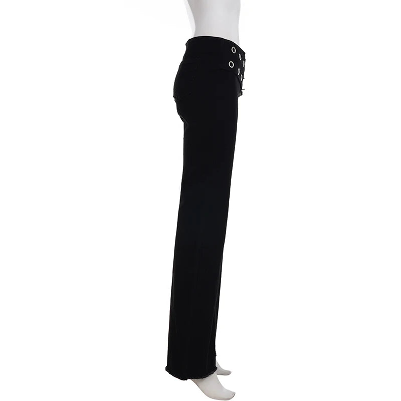 LIZAKOSHT  -  Y2k Heavy Duty Eyelet Belt Flared Jeans Punk Grunge Low-Waist Slim Skinny Denim Trousers Aesthetic 2000s Pants Fashion
