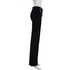 LIZAKOSHT  -  Y2k Heavy Duty Eyelet Belt Flared Jeans Punk Grunge Low-Waist Slim Skinny Denim Trousers Aesthetic 2000s Pants Fashion