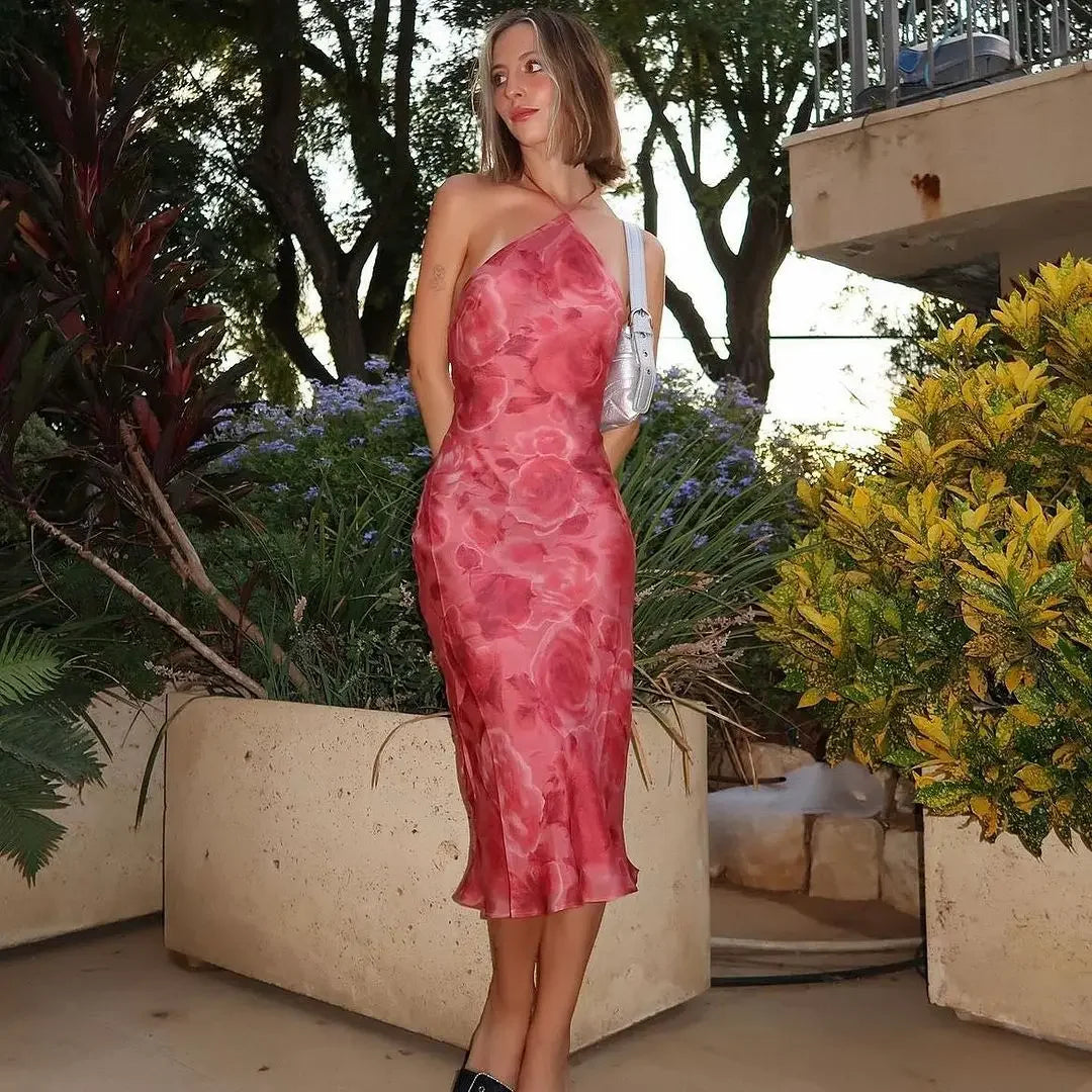 LIZAKOSHT  -  Women Sexy Floral Print Slim Halter Dress Chic Sleeveless Off-shoulder Backless Bodycon Dresses Lady Vacation Street Gowns
