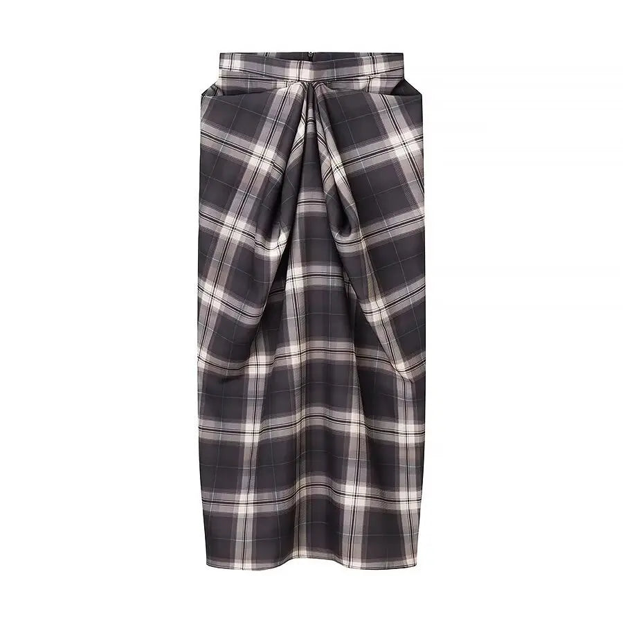 LIZAKOSHT  -  New Elegant Irregular Ruched Plaid Print Skirts Chic Patchwork Zip-up Midi Women Skirts Ladies Commute Skirts Streetwear