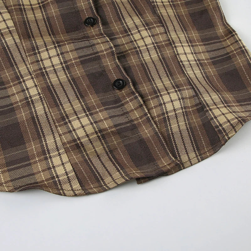 LIZAKOSHT  -  Back Shirred Plaid Blouse Brown French Style Turn-down Collar Single-breasted Shirts Vintage Puff Short Sleeve Tops