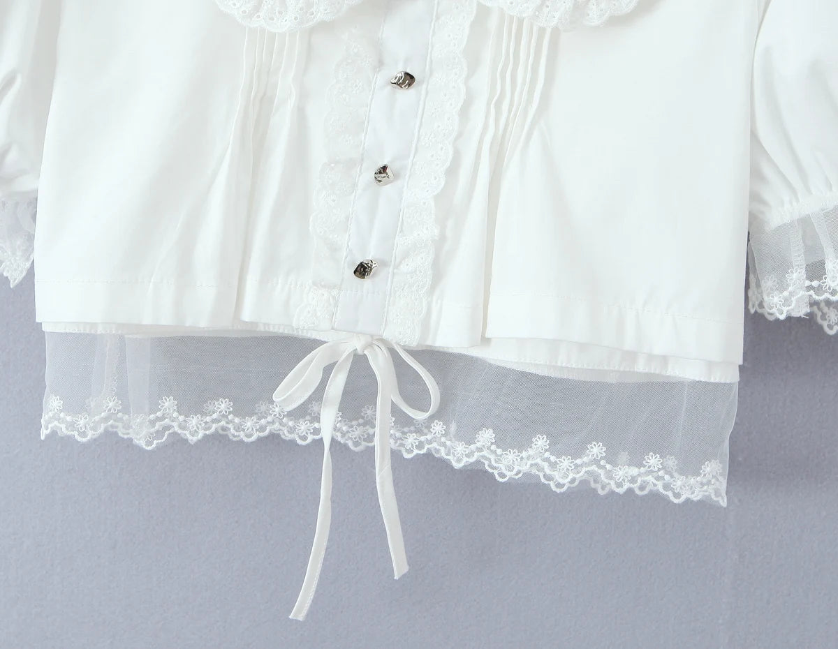 LIZAKOSHT  -  Stylish White Spliced Lace Short Puff Sleeve Shirt Women Peter Pan Collar Bow Hem Loose Crop Tops