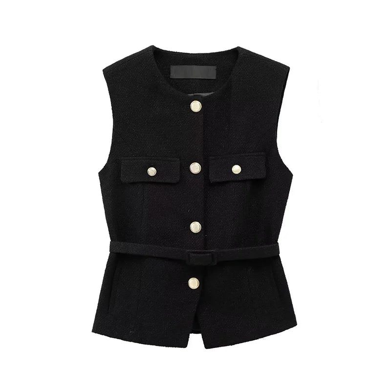 LIZAKOSHT  -  Autumn Belt Sleeveless Vest Shirt Women O Neck Patchwork Gold Button Cardigan Tops 2025 Street Elegant Casual Tank Top