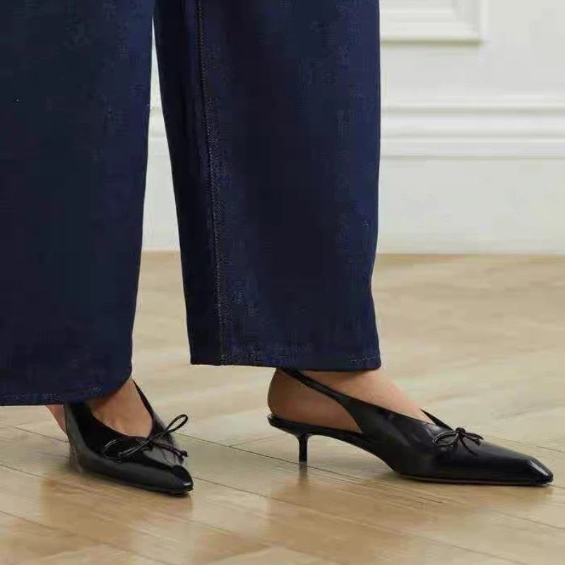 LIZAKOSHT  -  Sexy Pointed Toe Mules Pumps Women Summer Low Heel Slingback Sandals Female Fashions Retro Office Bow Designer Sandals Women