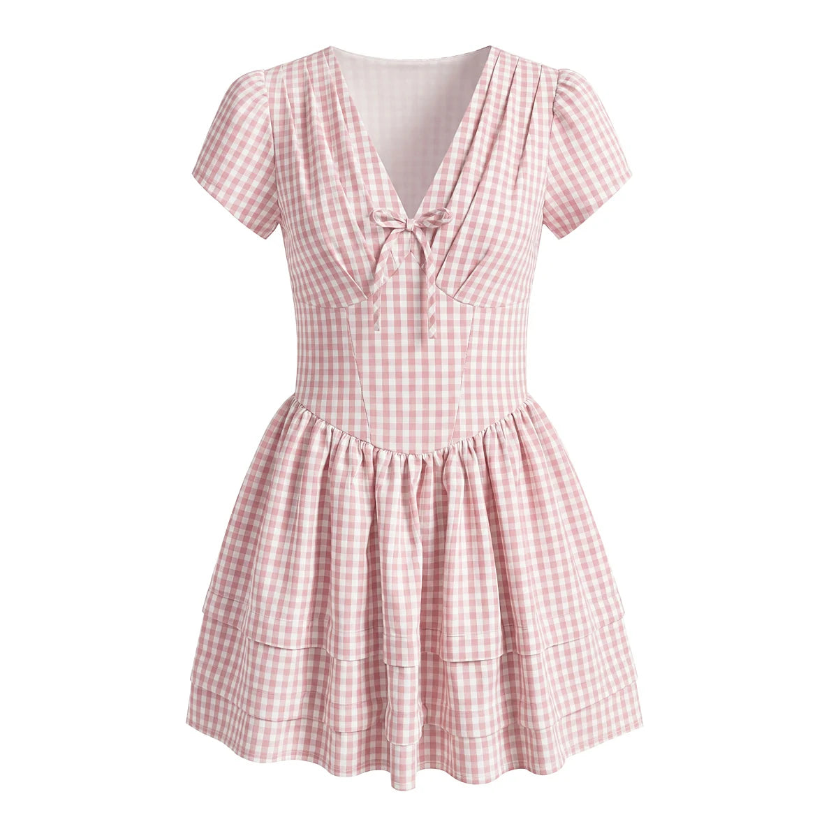 LIZAKOSHT  -  Sweet Pink Plaid Print Bow V neck Short Puff Sleeve Dress Women Low Waist Spliced Ruched Swing Ball Gown Vestidos Femme Robe