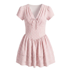 LIZAKOSHT  -  Sweet Pink Plaid Print Bow V neck Short Puff Sleeve Dress Women Low Waist Spliced Ruched Swing Ball Gown Vestidos Femme Robe