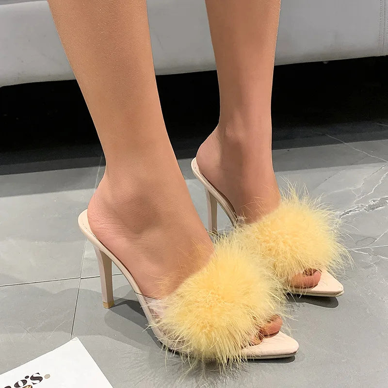LIZAKOSHT  -  41-43 big size fur sandals high heels transparent slippers women brand designer feather sandalias mujer pointy open toe slides