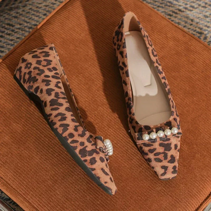 LIZAKOSHT  -  Leopard Print Flat Mules Pumps Women Square Toe Designer Shoes Women Low Heel Casual Shoes Shallow Comfort Pearl Bow Women Shoes
