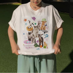 LIZAKOSHT  -  Cute Milk Cat Graphic T-Shirts for Women Oversized Retro Harajuku Fashion Streetwear Tee Shirt Y2k Aesthetic Female Tees Tops