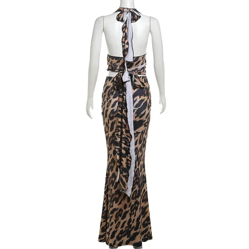LIZAKOSHT  -  Leopard Print Bodycon Women Y2K Maxi Dress Set Summer Halter Backless Wrap Crop Top Long Skirts Two Piece Matching Sets Outfits