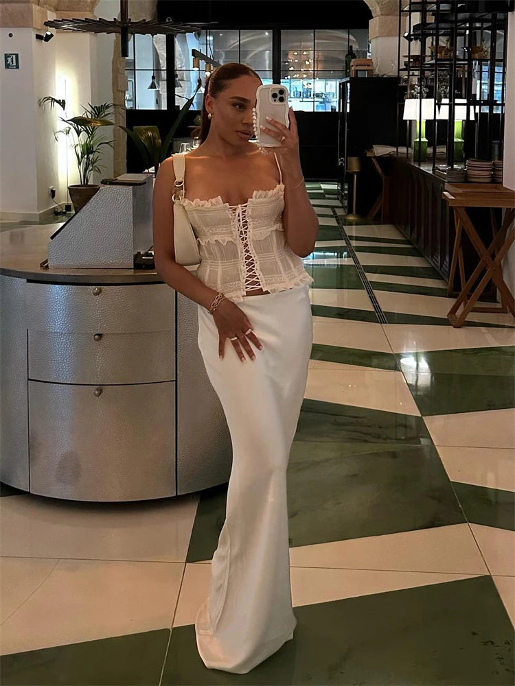 LIZAKOSHT  -  Elegant Casual Long Skirt Patchwork For Women Slim Party Gown Skirt Summer New High Waist Outfits White Y2k Skirt