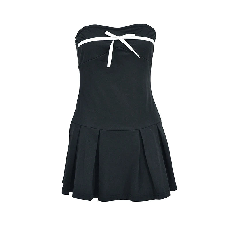 LIZAKOSHT  -  Bow Backless Sexy Mini Dress Women Elegant Party Off Shoulder High Waist Casual Slim Fit Strapless Contrasting Gowns Summer